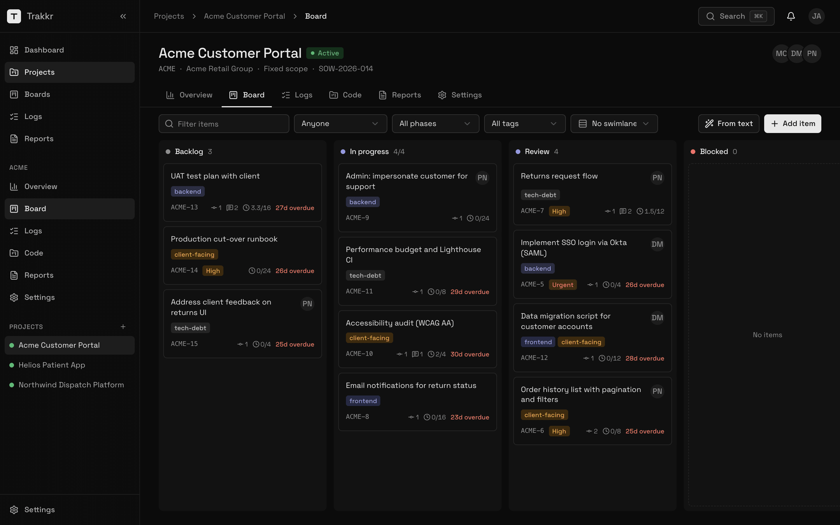 A Trakkr project board with Backlog, In progress, Review and Blocked columns of keyed items