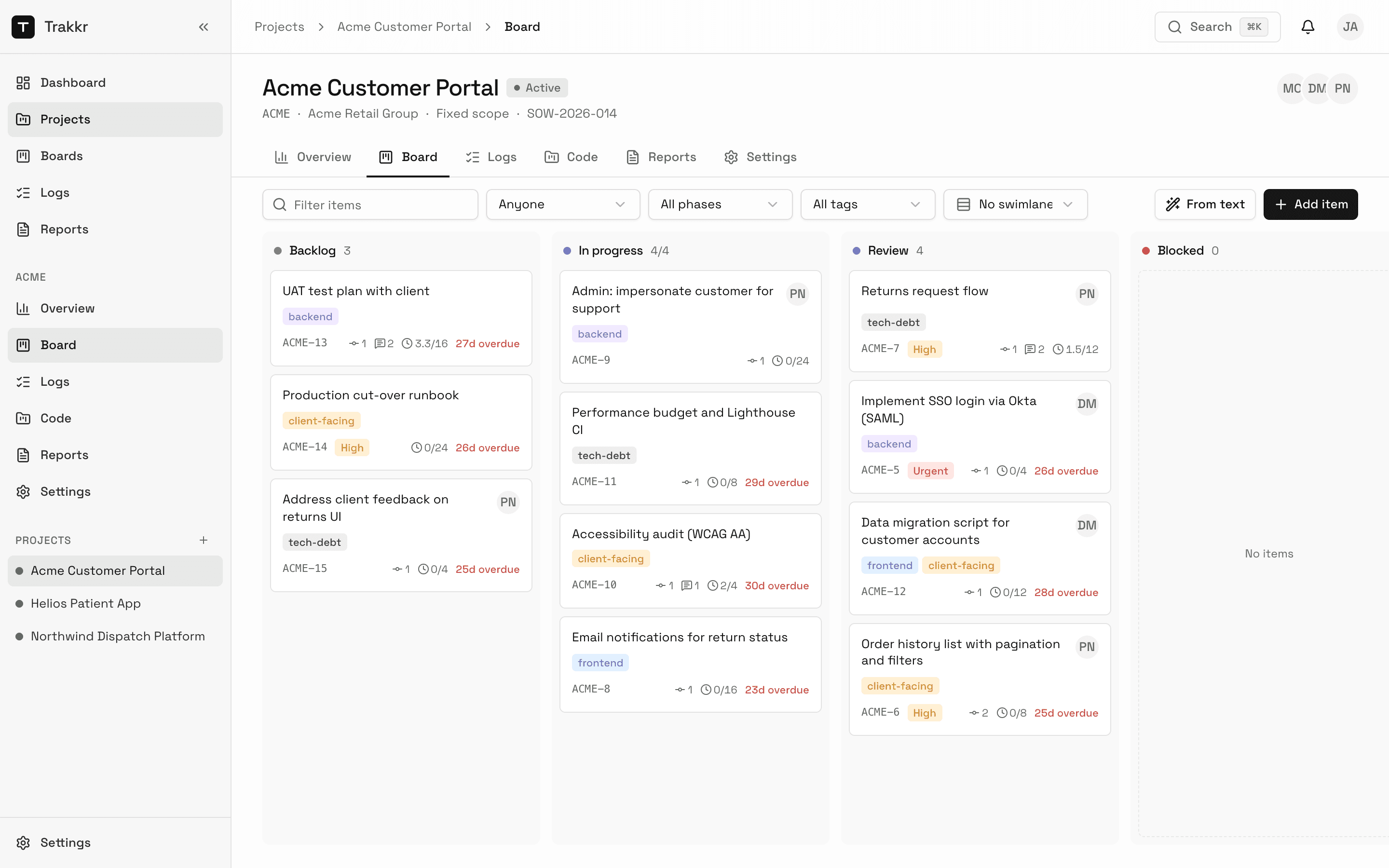 A Trakkr project board with Backlog, In progress, Review and Blocked columns of keyed items
