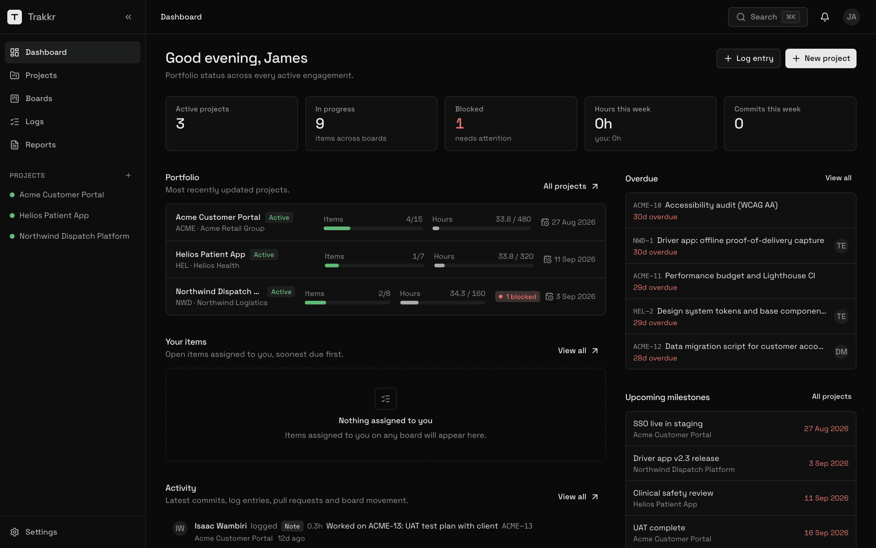 The Trakkr dashboard: portfolio status, overdue items, upcoming milestones and activity for three projects